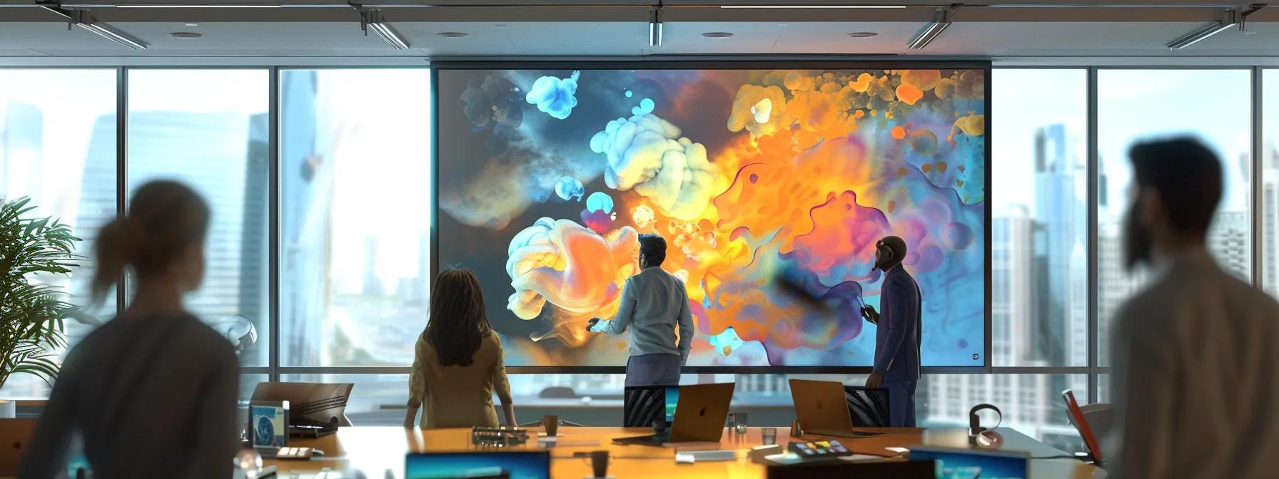 a vibrant office workspace showcases a large digital screen displaying dynamic ai-generated artistic designs, highlighting the synergy between human creativity and advanced technology in fostering innovative collaborations. a vibrant office workspace showcases a large digital screen displaying dynamic ai-generated artistic designs, highlighting the synergy between human creativity and advanced technology in fostering innovative collaborations.