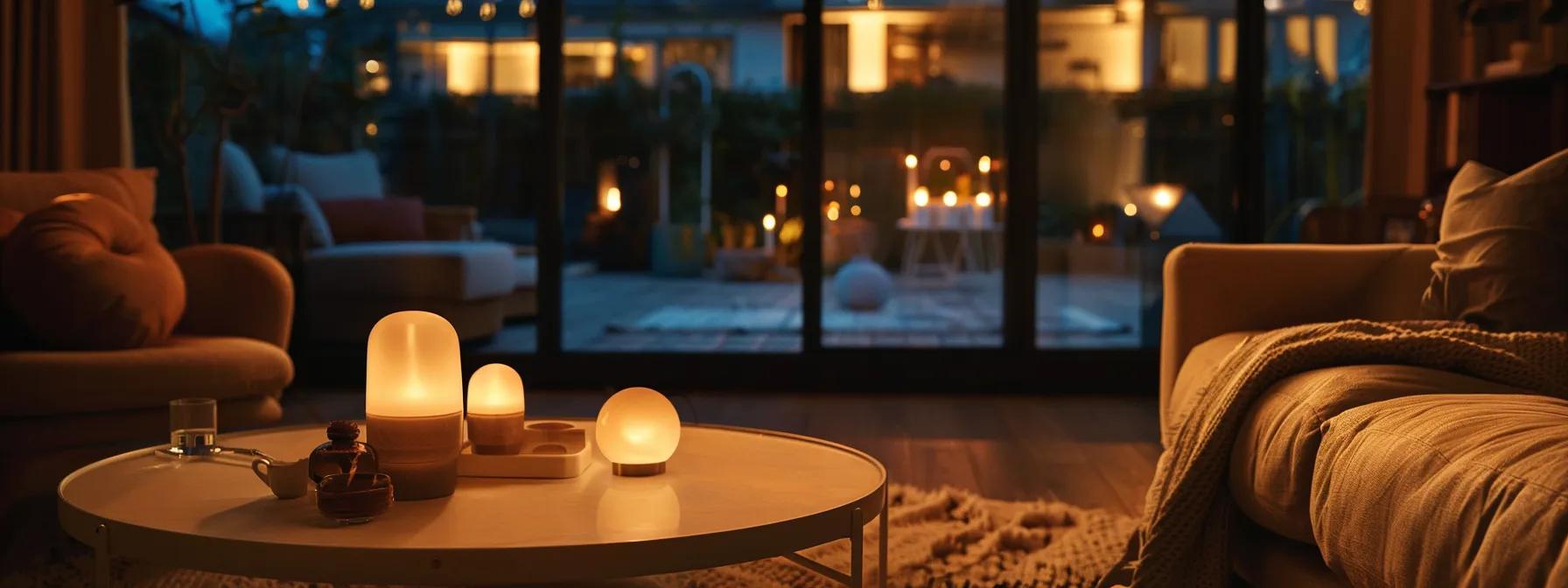 a cozy evening setting in a modern, dimly lit living room showcases a person winding down with sustainable activities, including energy-efficient lighting and eco-friendly decor, emphasizing a tranquil and mindful approach to relaxation. a cozy evening setting in a modern, dimly lit living room showcases a person winding down with sustainable activities, including energy-efficient lighting and eco-friendly decor, emphasizing a tranquil and mindful approach to relaxation.