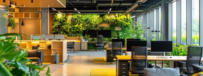 a modern office workspace is transformed into an eco-friendly hub, featuring energy-efficient gadgets, upcycled furniture, and vibrant green accents that emphasize a commitment to sustainable living and innovation.