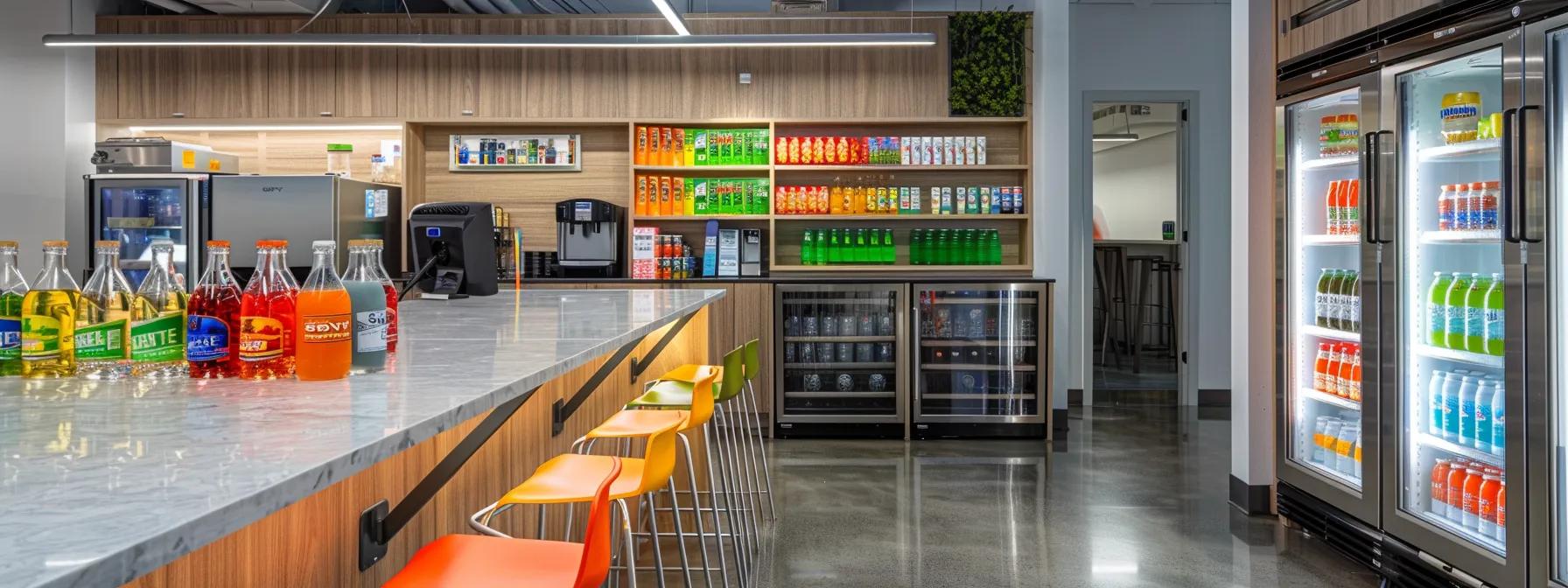 a modern, sleek office break room featuring a vibrant selection of colorful, healthy drink options alongside eye-catching soft drink cans, illustrating the balance between enjoyment and mindful consumption. a modern, sleek office break room featuring a vibrant selection of colorful, healthy drink options alongside eye-catching soft drink cans, illustrating the balance between enjoyment and mindful consumption.