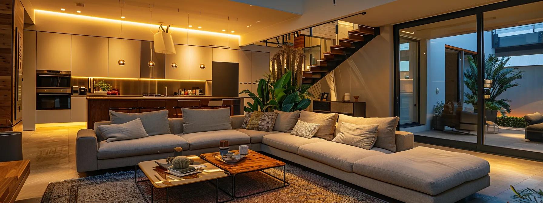 a modern, stylish home interior showcases eco-friendly elements such as sleek smart lighting, energy-efficient appliances, and minimalist sustainable furnishings, all bathed in warm, inviting artificial light, embodying a commitment to sustainable living. a modern, stylish home interior showcases eco-friendly elements such as sleek smart lighting, energy-efficient appliances, and minimalist sustainable furnishings, all bathed in warm, inviting artificial light, embodying a commitment to sustainable living.