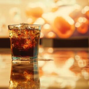 a starkly illuminated office environment features a discolored glass of cola on a shiny boardroom table, symbolically juxtaposed against medical imagery of a damaged liver projected on the wall behind it, highlighting the health risks associated with excessive soda consumption.