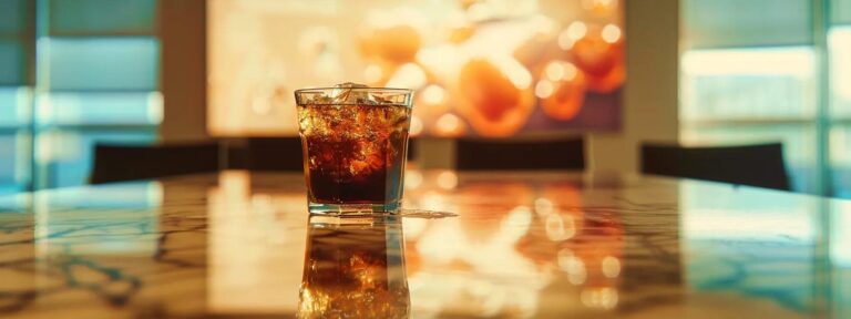 a starkly illuminated office environment features a discolored glass of cola on a shiny boardroom table, symbolically juxtaposed against medical imagery of a damaged liver projected on the wall behind it, highlighting the health risks associated with excessive soda consumption.