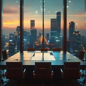 a dramatic, dimly lit urban conference room showcases a powerful leadership discussion, with a large city skyline visible through the panoramic glass windows, symbolizing the shifting tides of oil dominance in the middle east.