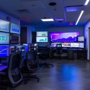 a dynamic forex trading setup features multiple screens displaying vibrant graphs and currency pairs in a sleek, modern office bathed in focused blue light, emphasizing the fast-paced nature of the financial market.