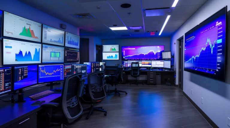 a dynamic forex trading setup features multiple screens displaying vibrant graphs and currency pairs in a sleek, modern office bathed in focused blue light, emphasizing the fast-paced nature of the financial market.