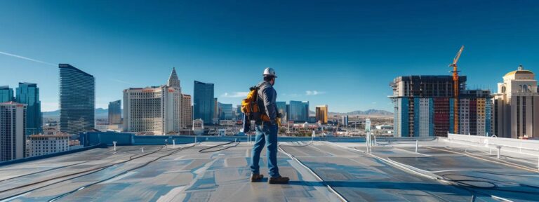 a skilled roofer inspects a vibrant, modern las vegas rooftop skyline under a clear blue sky, highlighting the contrast between urban architecture and the intricate details of roof repair work.