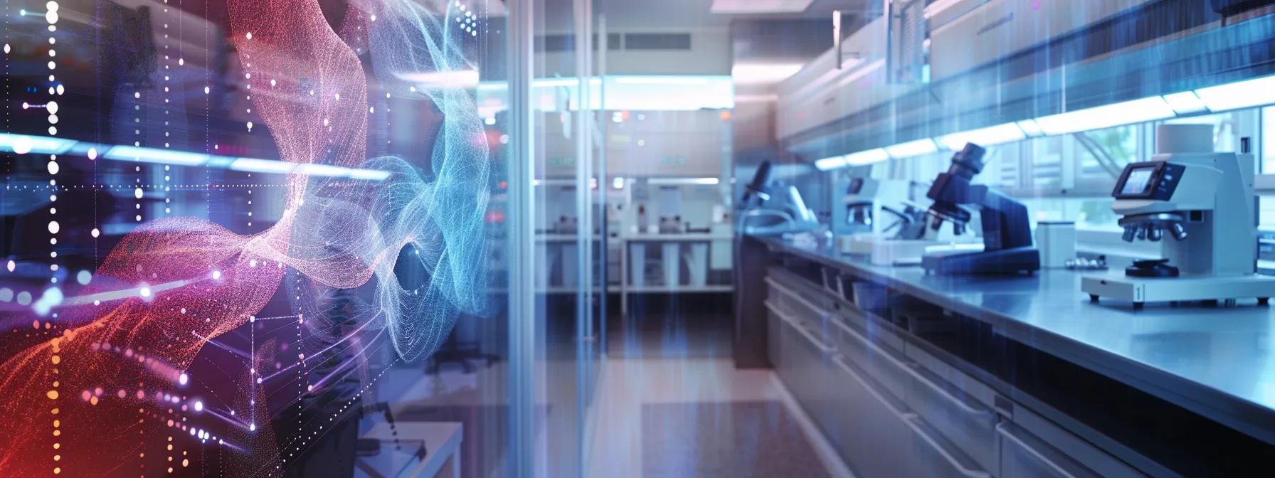 a sleek, modern laboratory filled with advanced scientific equipment showcases a dramatic split-screen visual, one side depicting a vibrant wave pattern and the other a sharp particle representation, emphasizing the complex theme of wave-particle duality in a starkly illuminated environment.