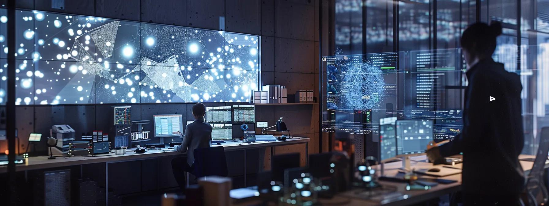 a sleek, modern office with digital screens displaying intricate quantum mechanics data, where a focused professional examines the shifting visualizations of particle interactions under artificial lighting, representing the concept that observation alters reality.