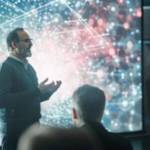 a sleek, modern office environment displays a confident lecturer standing before a large digital screen, presenting compelling visual representations of quantum physics concepts, while an engaged audience of curious learners attentively absorbs the complex ideas being unfolded.