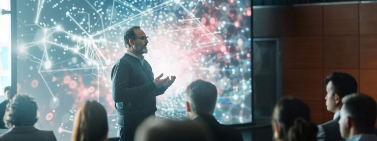 a sleek, modern office environment displays a confident lecturer standing before a large digital screen, presenting compelling visual representations of quantum physics concepts, while an engaged audience of curious learners attentively absorbs the complex ideas being unfolded.