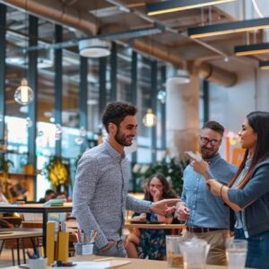 a vibrant, modern office space filled with colorful posters and interactive displays about serotonin and happiness, featuring a diverse group of engaged professionals collaborating around high-tech devices.