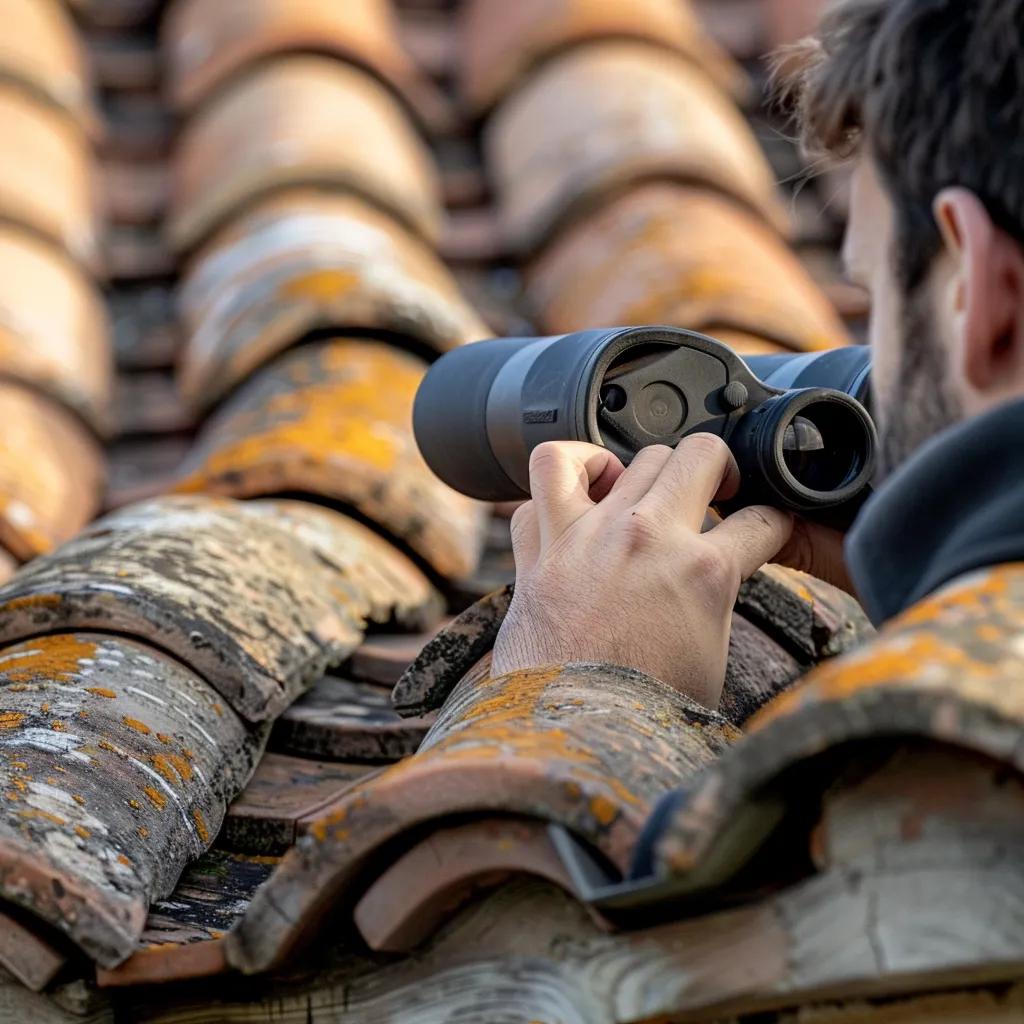 Homeowner conducting a DIY roof inspection using binoculars to check for damage