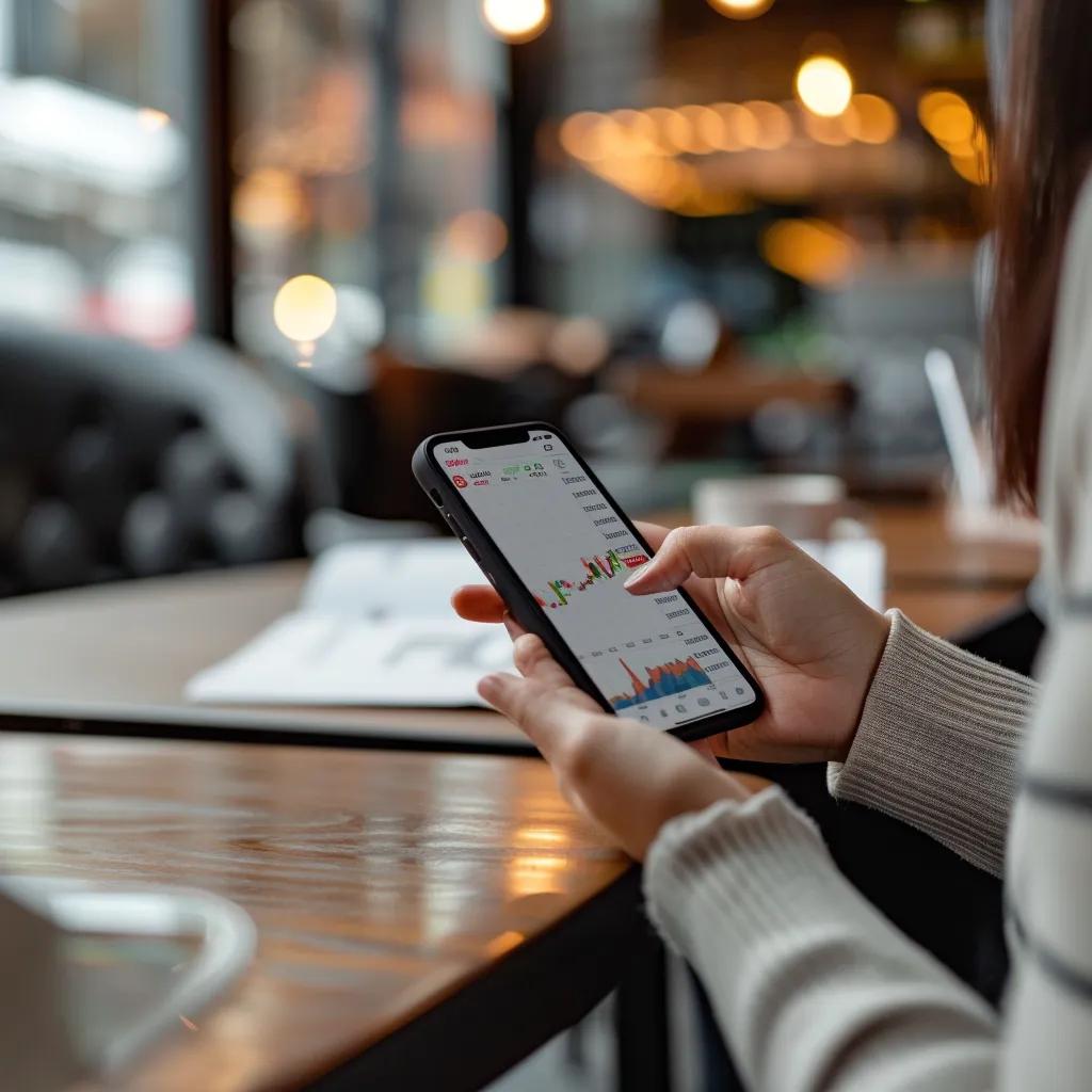 Investor observing cryptocurrency market volatility on a smartphone in a café