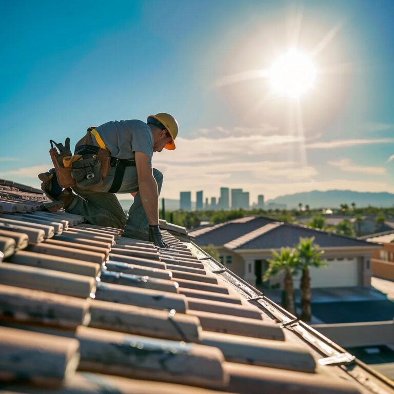 Professional roofer inspecting a residential roof in Las Vegas under bright sunlight