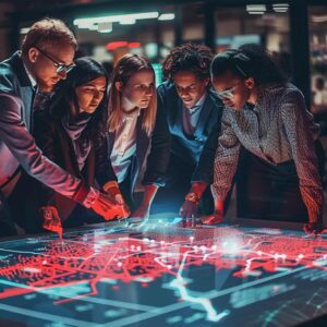 Diverse individuals examining a digital map highlighting areas of digital exclusion, representing the theme of digital redlining