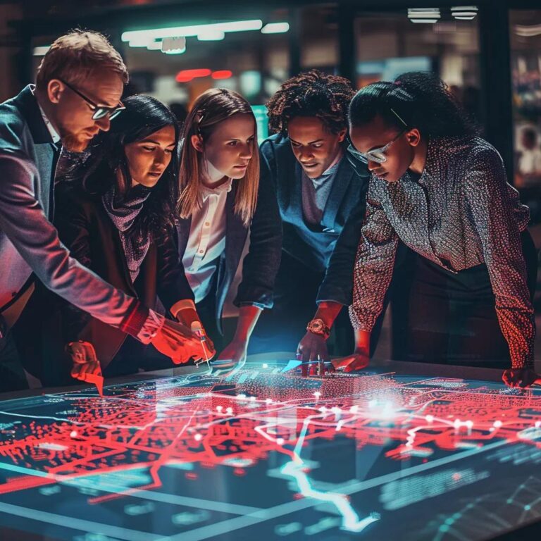 Diverse individuals examining a digital map highlighting areas of digital exclusion, representing the theme of digital redlining