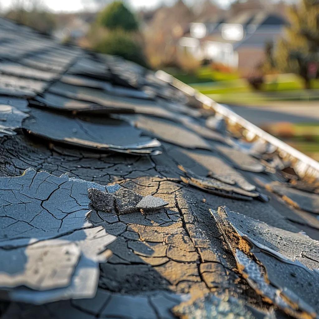 Close-up of a damaged roof with cracks and missing shingles highlighting emergency repair issues
