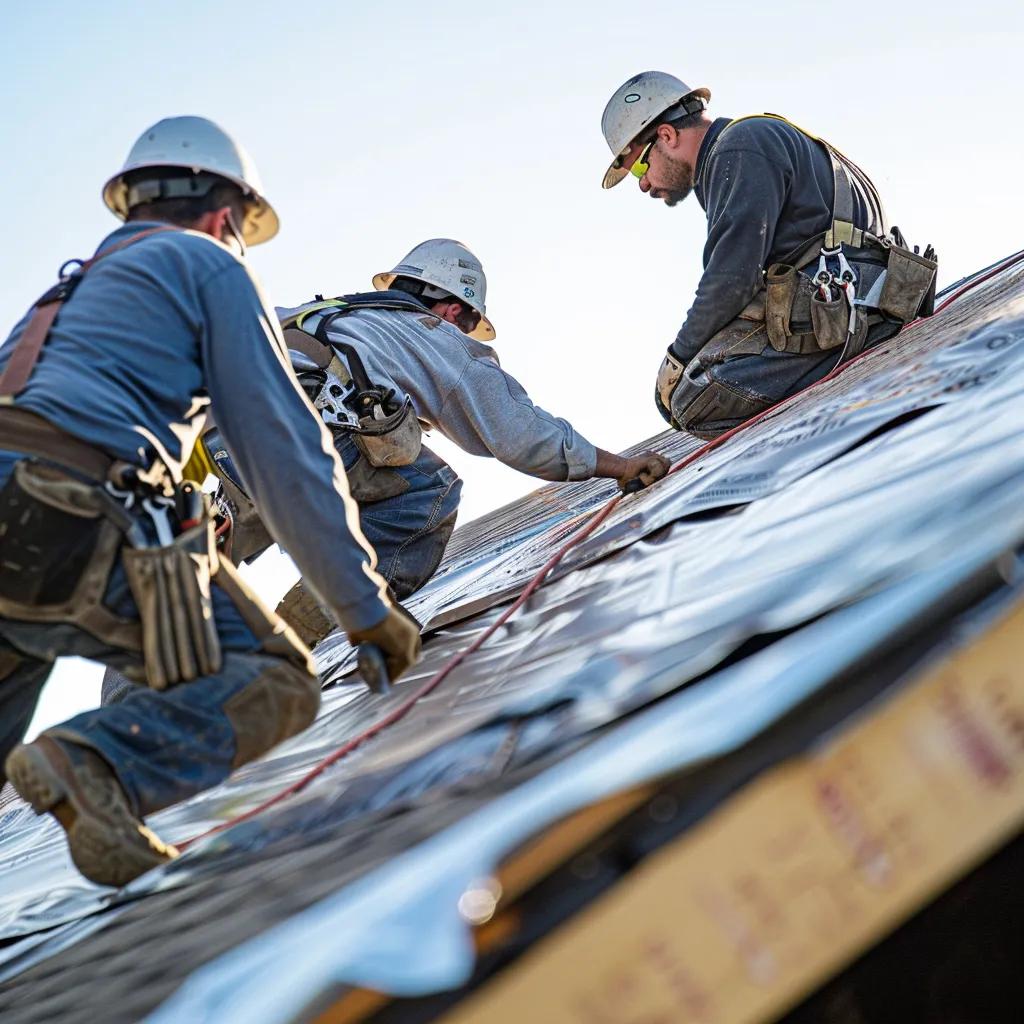 Team of roofers performing emergency repairs on a residential roof, showcasing the repair process