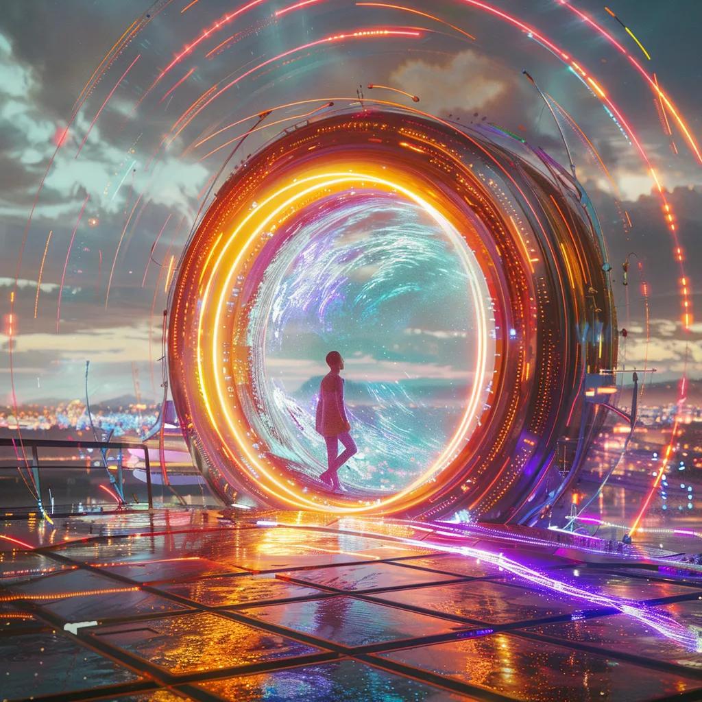 Futuristic teleportation chamber with a person stepping inside, symbolizing instant travel and global connectivity