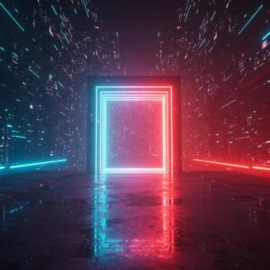 a futuristic urban landscape is illuminated by neon lights, featuring a sleek, high-tech portal emitting a vibrant glow, suggesting the concept of teleportation in motion.