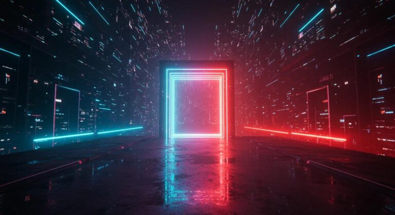 a futuristic urban landscape is illuminated by neon lights, featuring a sleek, high-tech portal emitting a vibrant glow, suggesting the concept of teleportation in motion.
