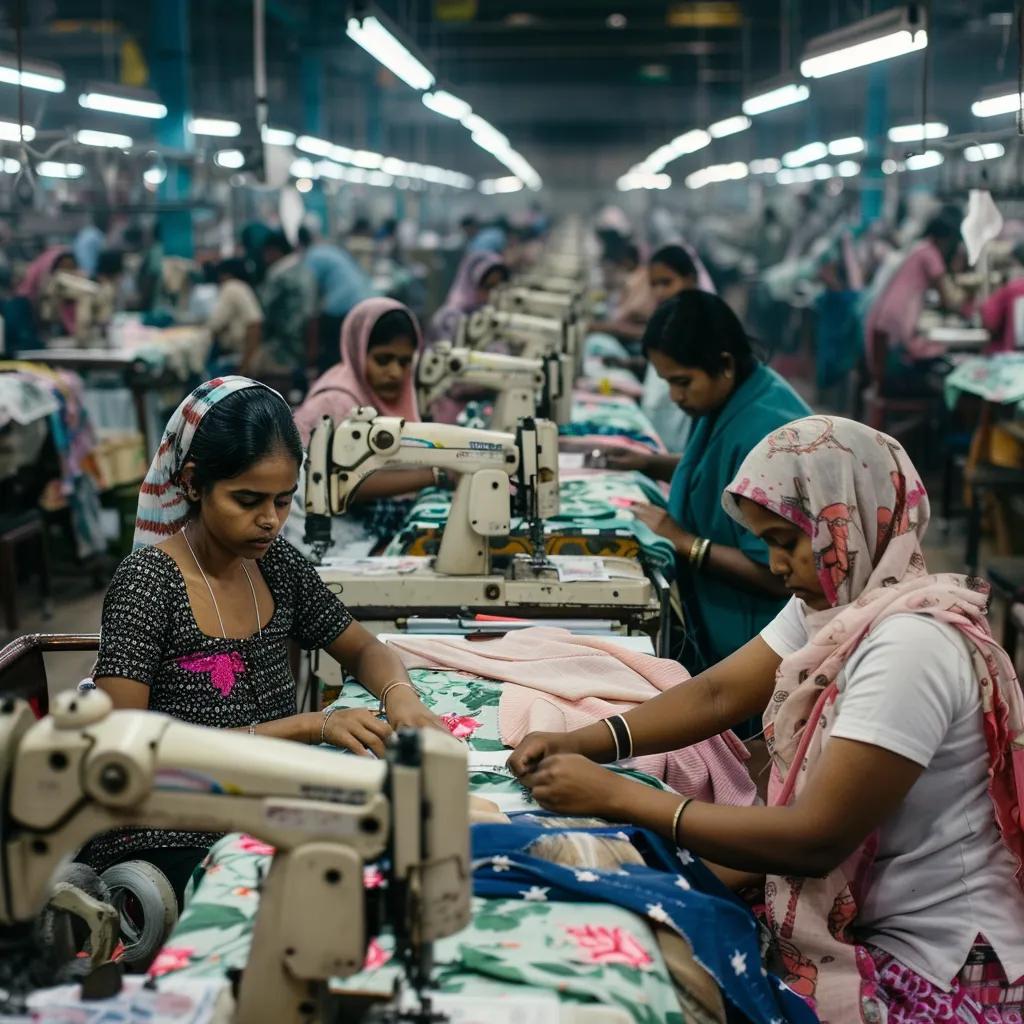 Garment workers in a factory showcasing the challenging conditions and exploitation in fast fashion supply chains