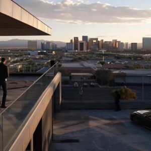 a modern rooftop in a las vegas neighbourhood showcases a maintenance expert inspecting the weathered surface while a sleek car is parked nearby, capturing the essence of urban home upkeep in a sunlit setting.