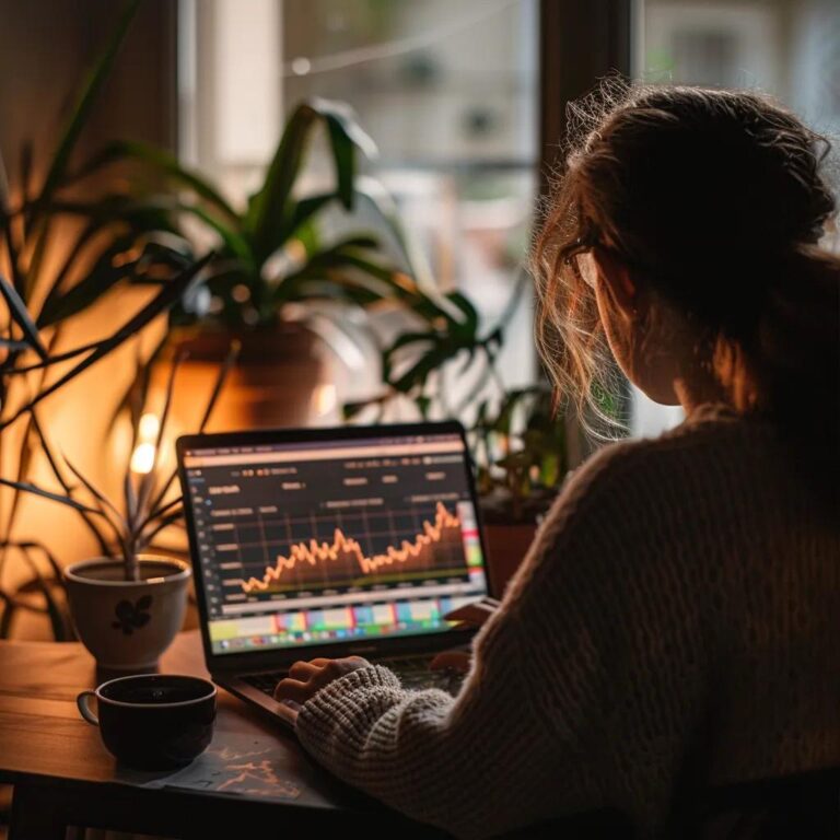 Person analyzing cryptocurrency data on a laptop in a cozy workspace