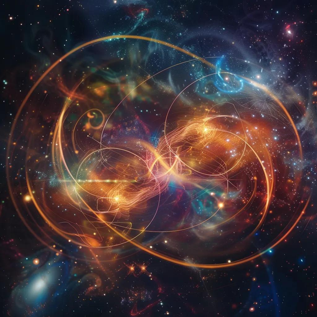 Artistic depiction of quantum entanglement with two particles connected by glowing lines in a cosmic background