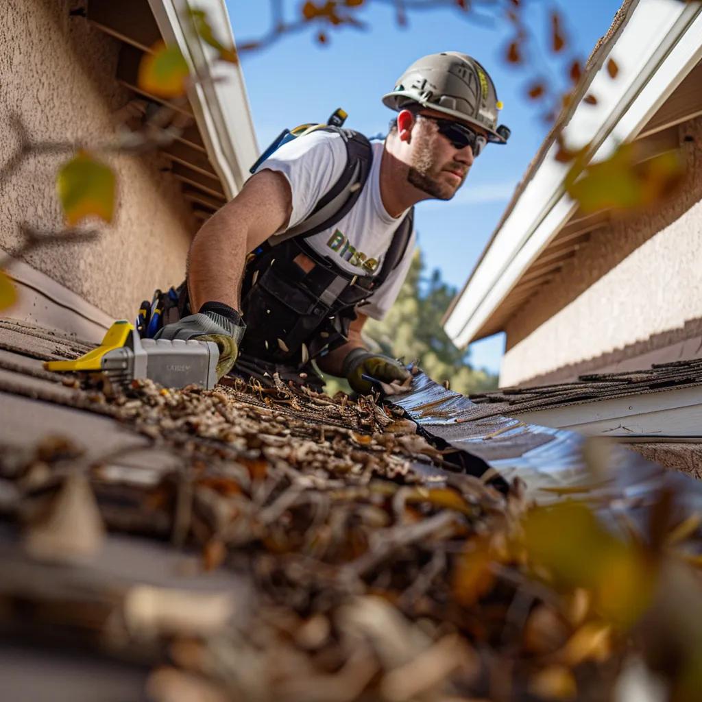 Homeowner preparing roof for monsoon season by clearing debris and inspecting for damage