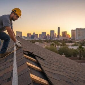 Professional roofer repairing a residential roof in Las Vegas, highlighting emergency repair services