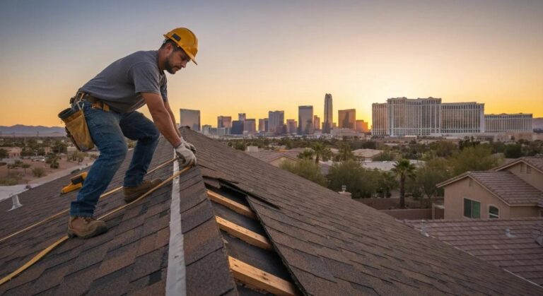 Professional roofer repairing a residential roof in Las Vegas, highlighting emergency repair services