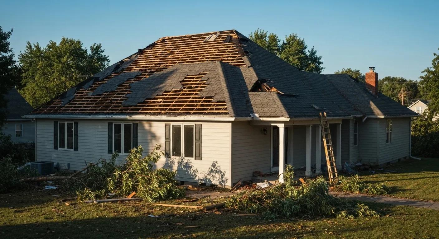Damaged roof with missing shingles after a storm, highlighting the need for emergency repairs