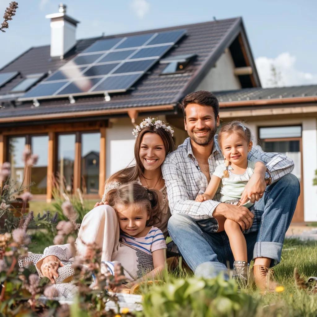 Family in front of a home with solar panels, illustrating increased property value