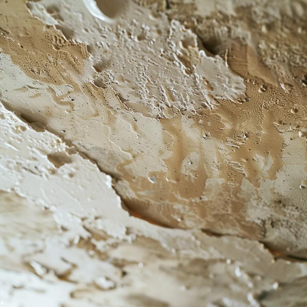 Close-up of water stains on a ceiling indicating signs of a roof leak