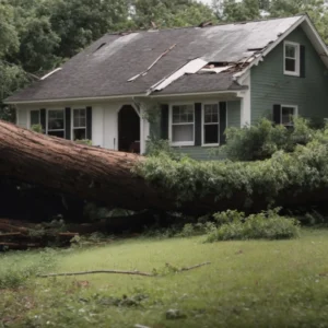 a large fallen tree rests perilously close to a damaged house following a severe storm.