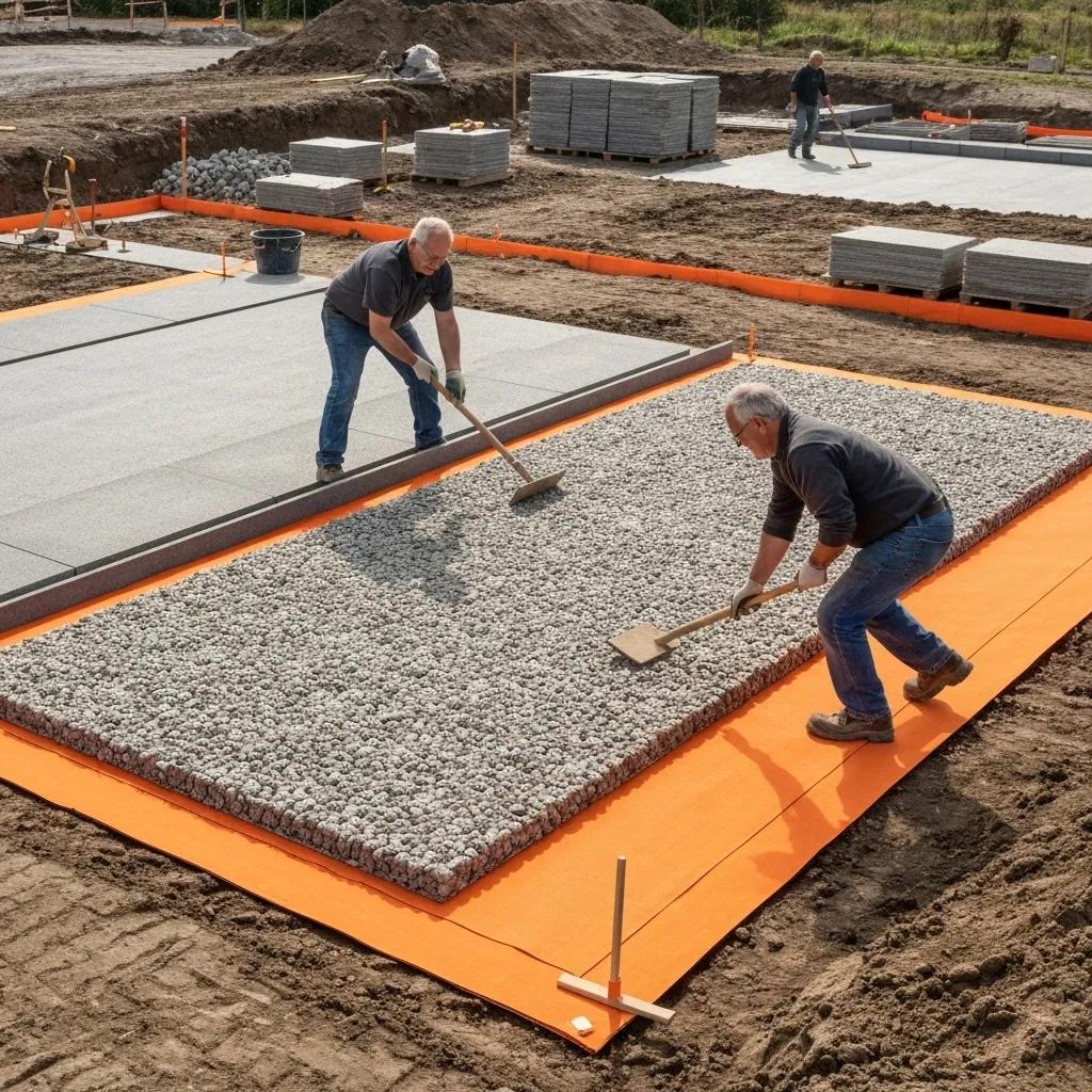 Construction site demonstrating frost heave prevention techniques with crushed-stone aggregate and geotextile fabric