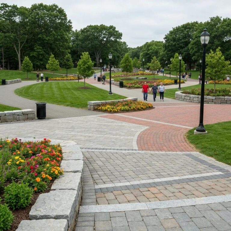 Durable walkway materials in Massachusetts showcasing pavers, natural stone, and brick in a scenic outdoor setting