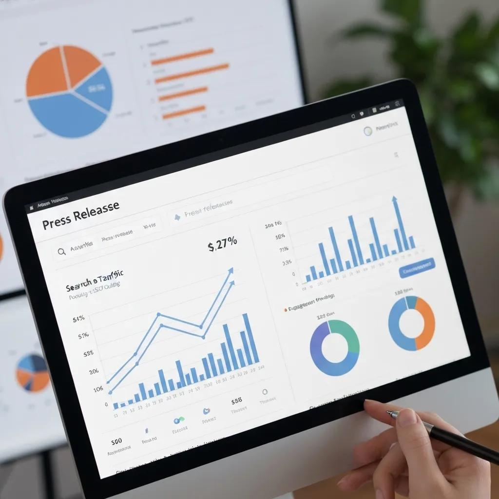 Close-up of computer screen with SEO metrics related to press releases, highlighting backlink advantages