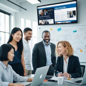 Diverse professionals collaborating in a modern office, showcasing teamwork in press release distribution