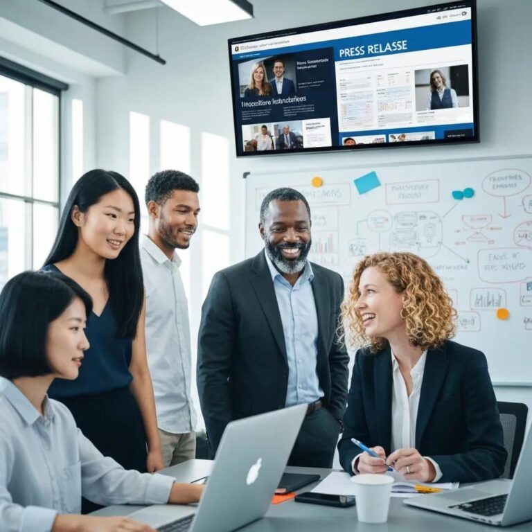 Diverse professionals collaborating in a modern office, showcasing teamwork in press release distribution