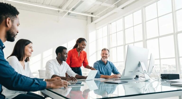 Digital marketing agency team collaborating on press release software in a modern office