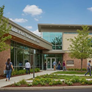 Modern addiction treatment center entrance with greenery and people interacting, symbolizing hope and recovery