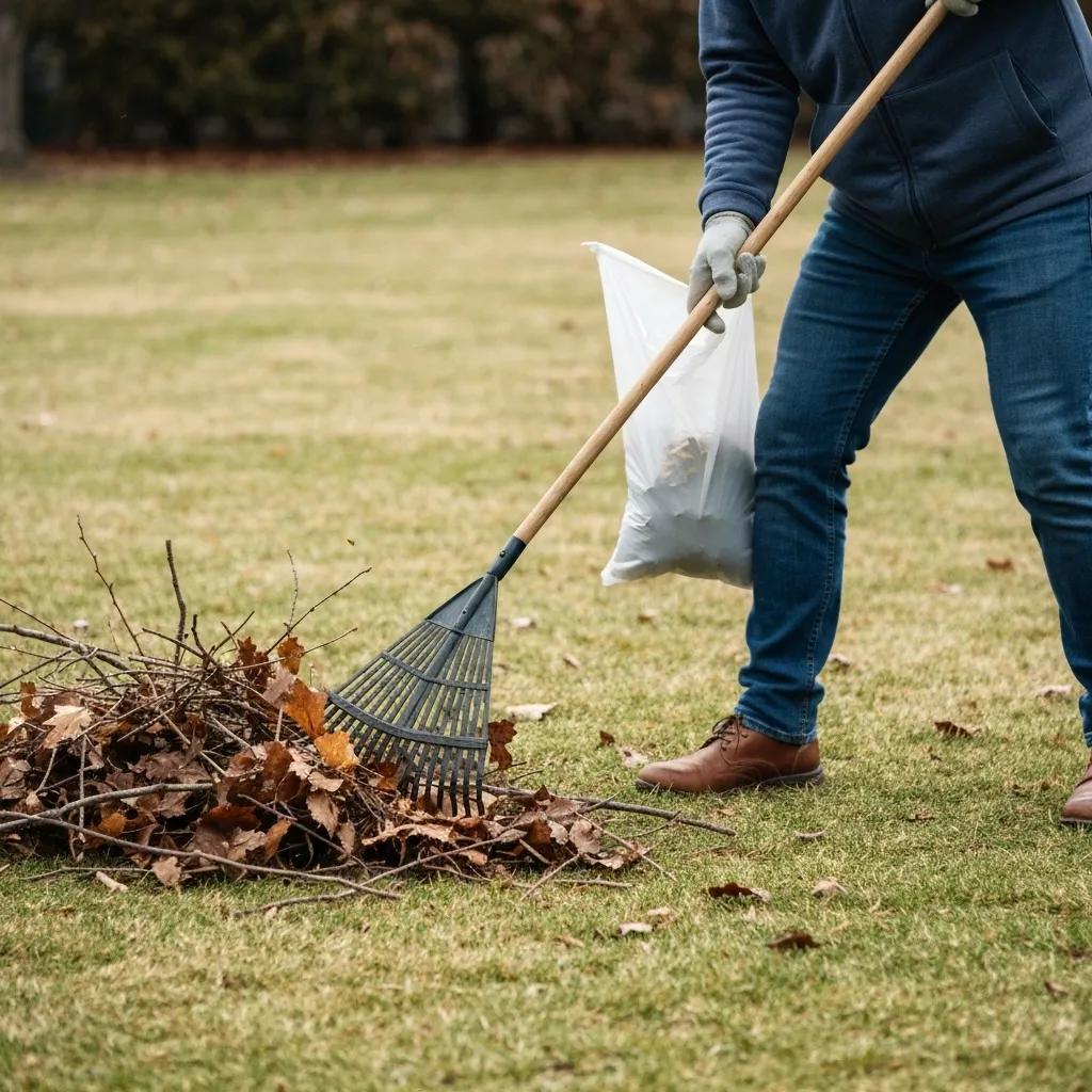 Homeowner clearing winter debris from a yard, focusing on fallen leaves and twigs