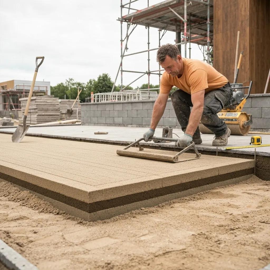 Professional installing a patio base with layers of compacted aggregate and bedding sand