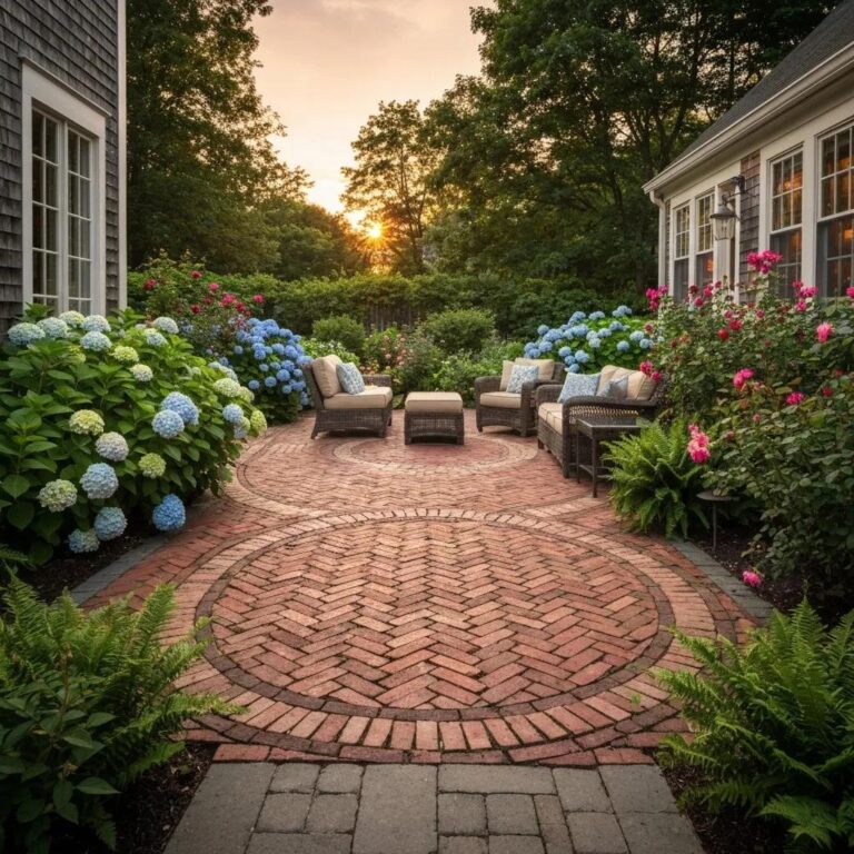 Beautifully designed outdoor patio in New England with well-prepared base and lush greenery