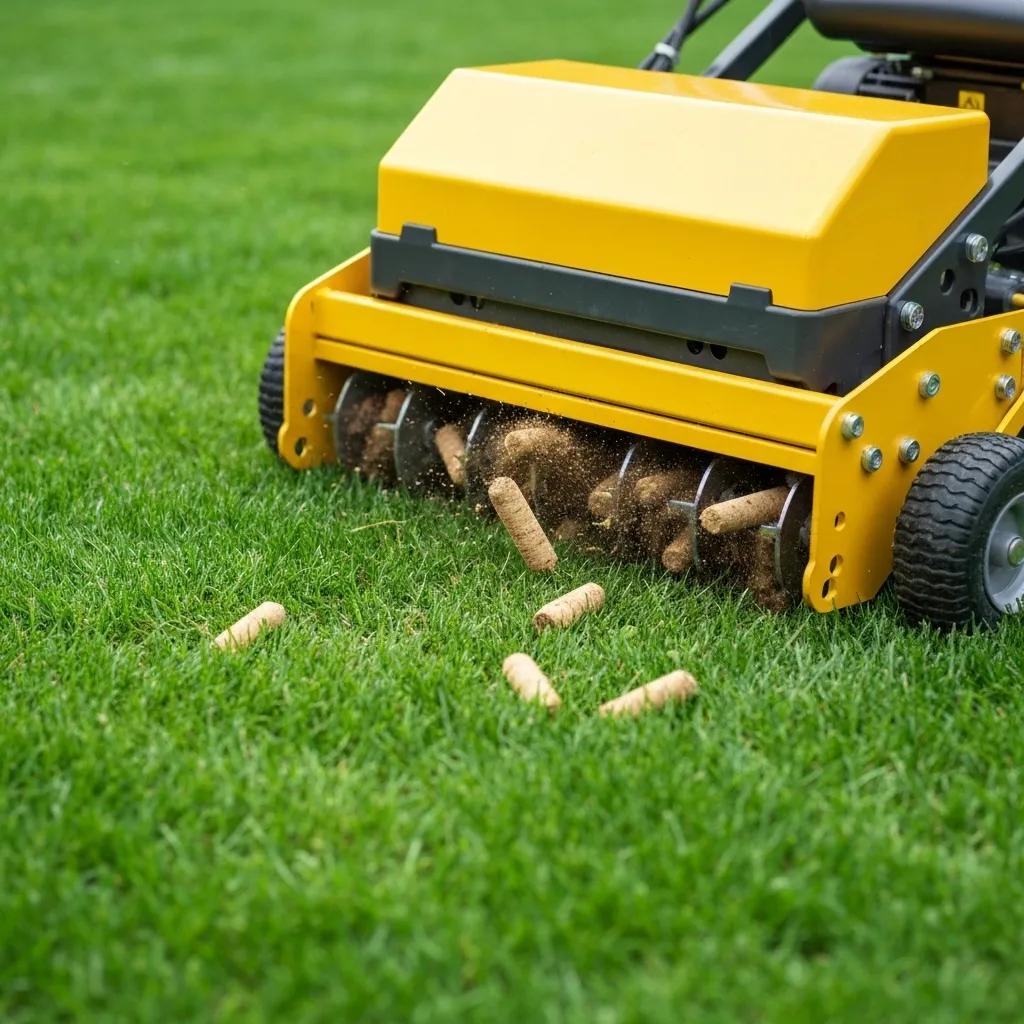 Close-up of a lawn aerator in action, aerating a healthy spring lawn in Massachusetts