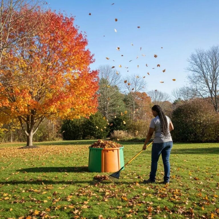 Autumn yard cleanup in Massachusetts with colorful leaves and a professional landscaper