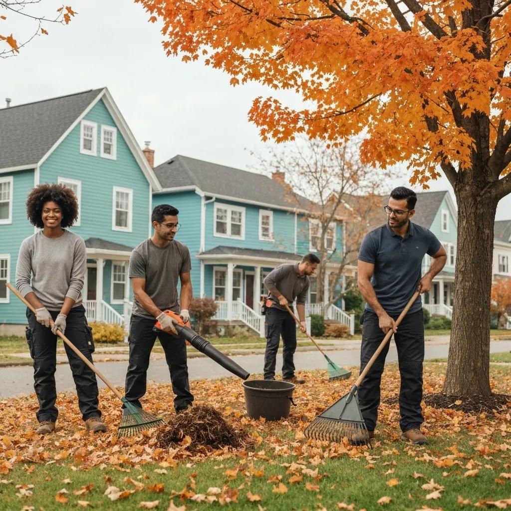 Professional landscapers meticulously cleaning up a yard in a Massachusetts neighborhood during autumn